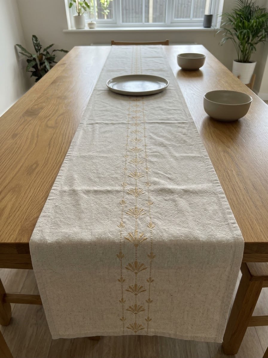 Golden Elegance Embroidered Cotton Table Runner ( 6 to 8 Seaters )