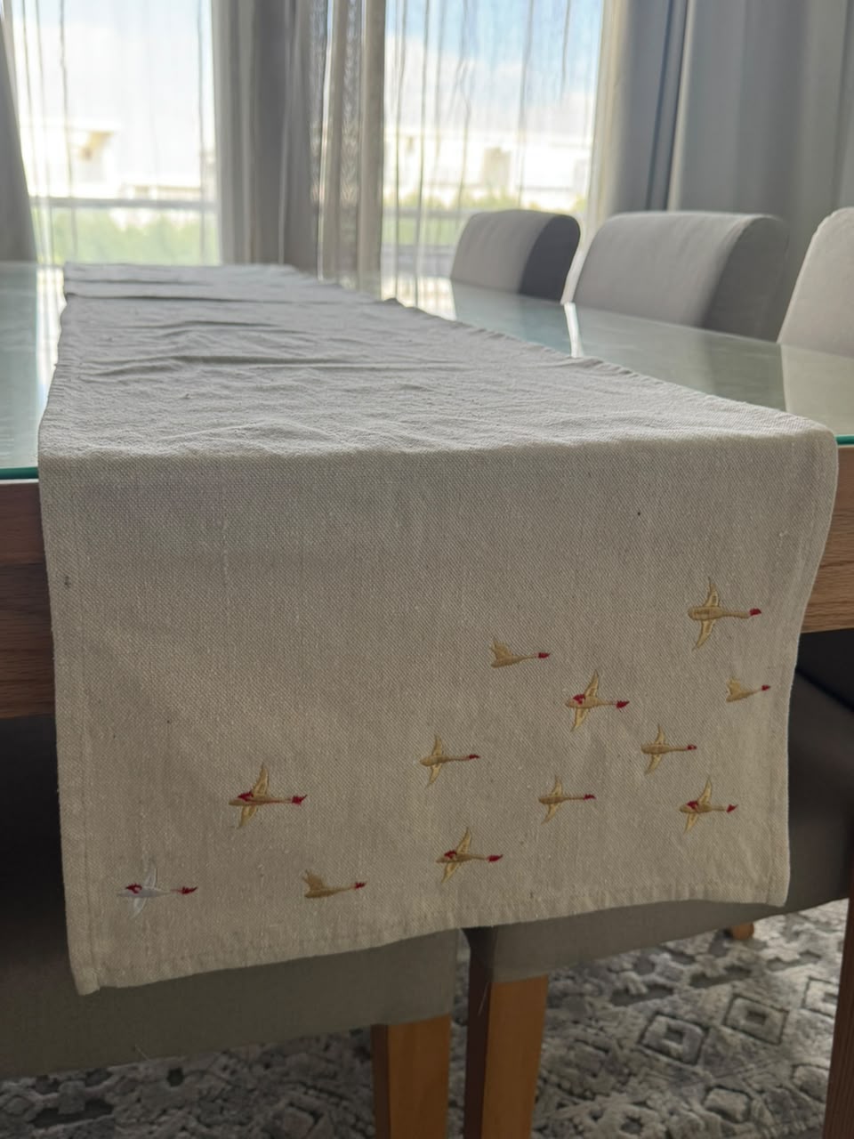 Birdsong Embroidered Cotton Table Runner ( 6 to 8 Seaters )