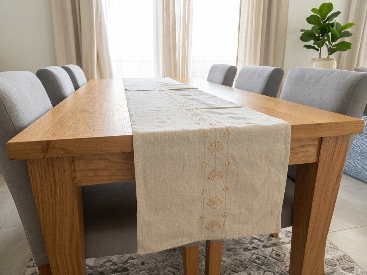 Golden Elegance Embroidered Cotton Table Runner ( 6 to 8 Seaters )